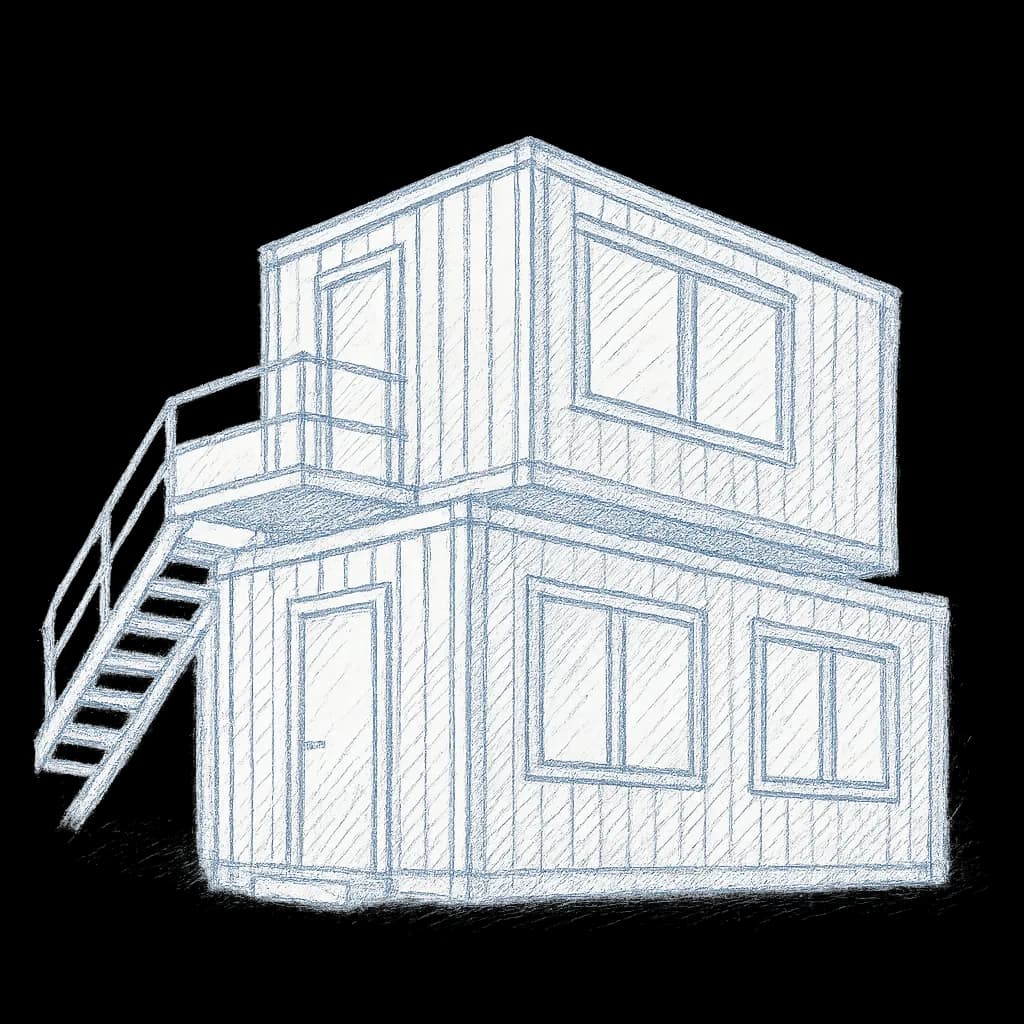 Eine Zeichnung von gestapelten Containern, die als Bürocontainer dienen.